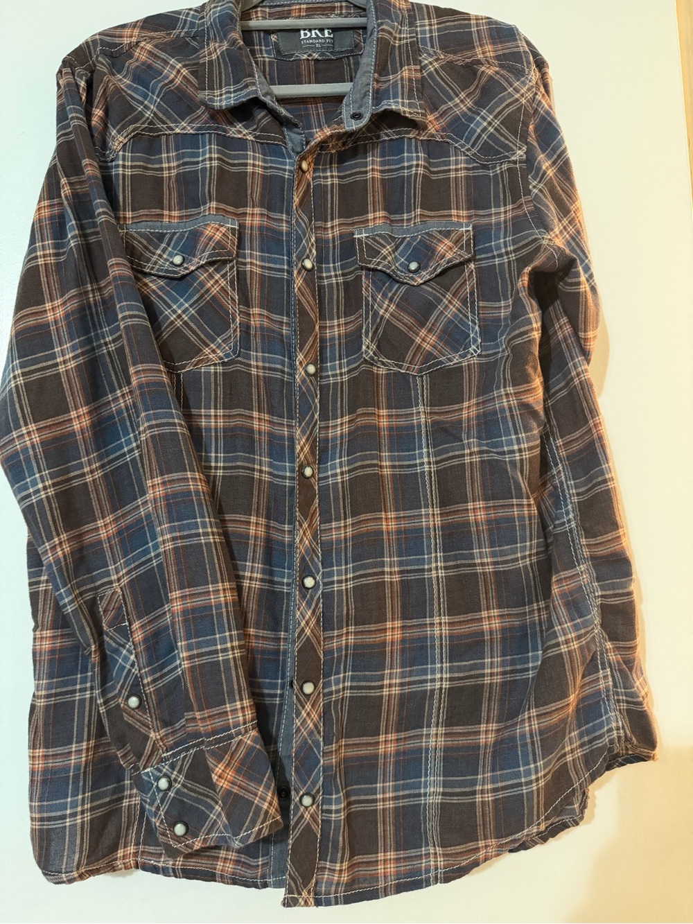 BKE Blue & Brown Plaid Snap-Front Western Shirt